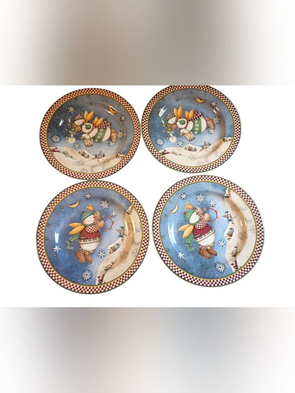 VTG Y2K CottageCore Blue Snowman Holiday Dinner Plates, Set of 4